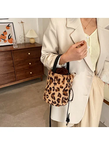 cylinder sling bag leopard handbag drawstring closure furry style hot sale fashion handbag vendors