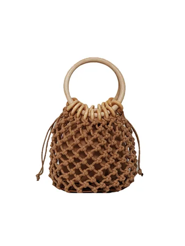 Fashion cotton rope drawstring opening round handle woven mini bucket purse and handbags women summer beach bags