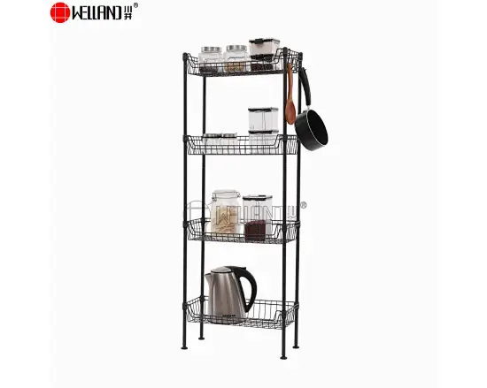 Vertical 4 tier black wire basket shelf unit