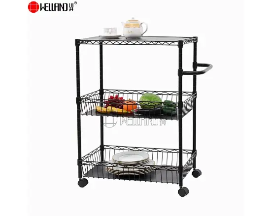 black 3-tier kitchen trolley with basket