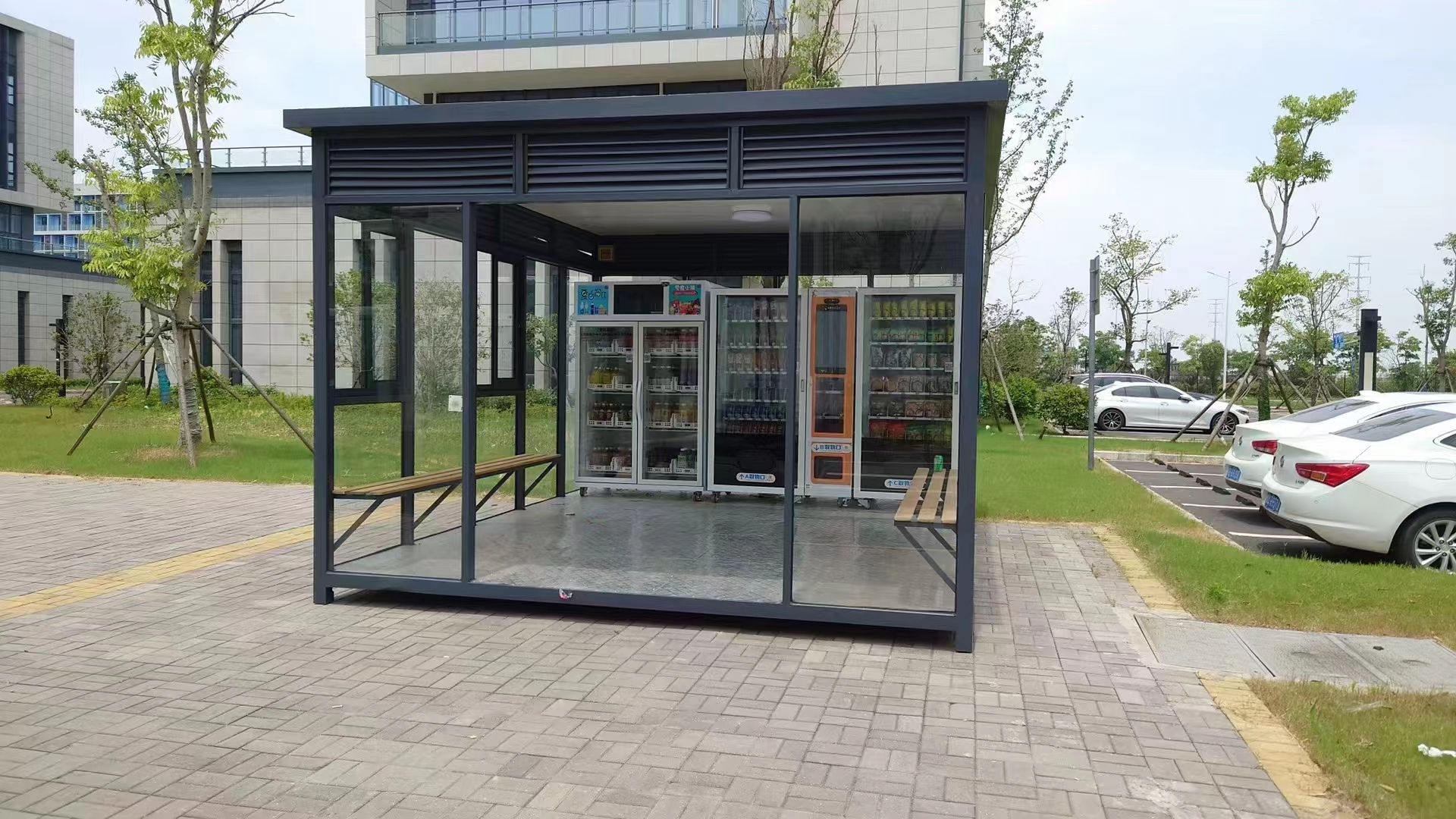 Smart fridge and spiral vending machine in the City park