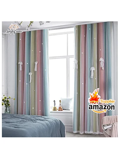 Gradient shading curtain, lace, yarn, bow, star, bedroom, blue, pink, yellow,