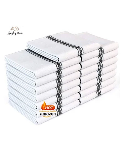 Amazon hot selling kitchen towel, 100% cotton material, fluffy and soft texture, comfortable touch, strong water absorption, easy to clean, striped pattern design, simple and elegant style, widely used, indispensable for kitchen tableware cleaning daily.