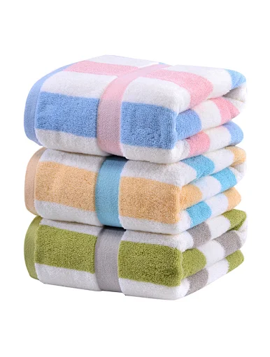 Chinese factory wholesale stripe absorbent cotton Hotel large size bath towel, fluffy, beige, yellow, light green, blue, dark blue, purple, gray, pink, home, beach