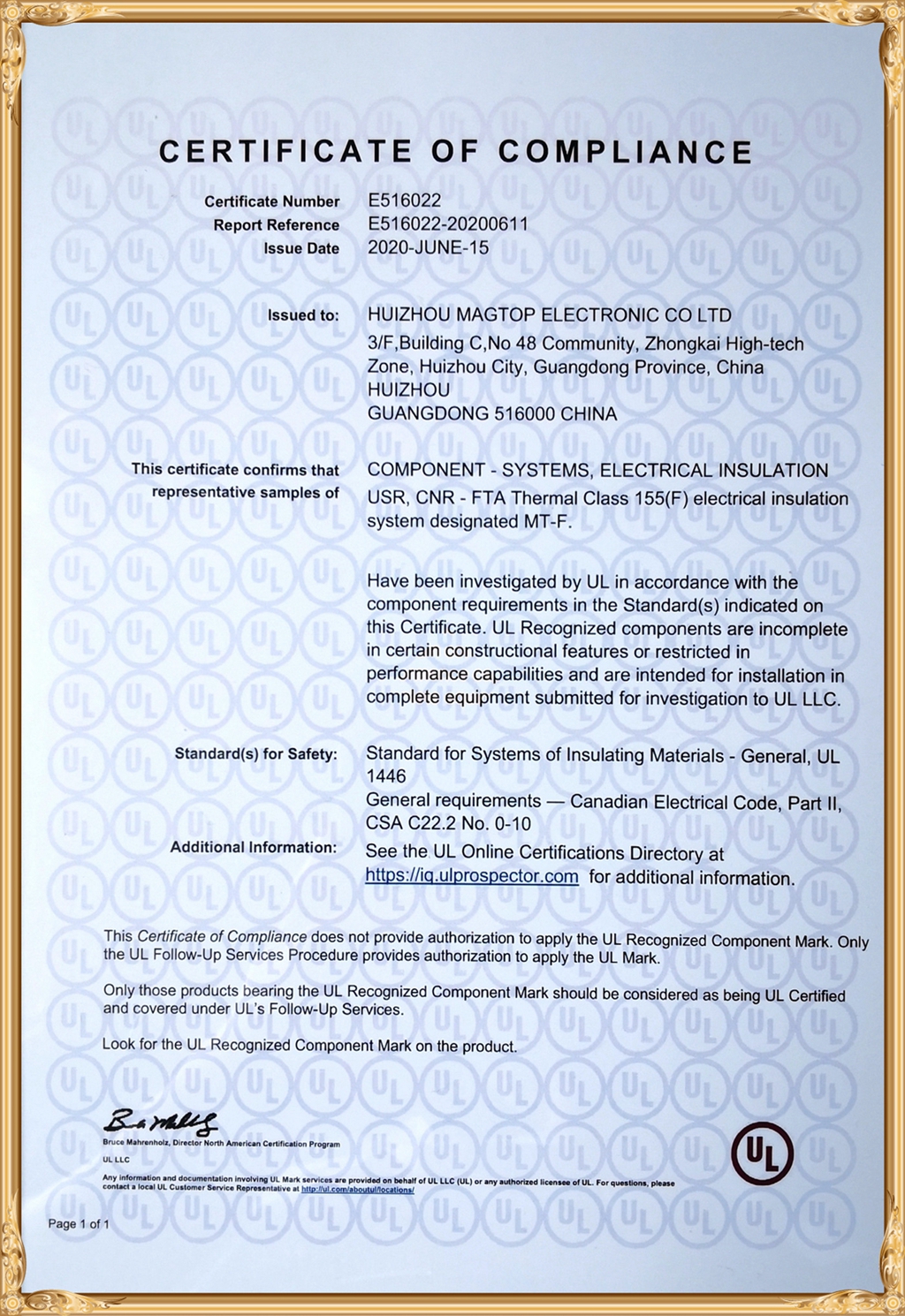 UL Certification E516022_MT-F