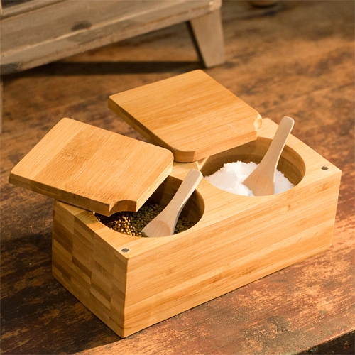 Simple design 100% Authentic Bamboo 2-tier Salt Box with rotating Lids