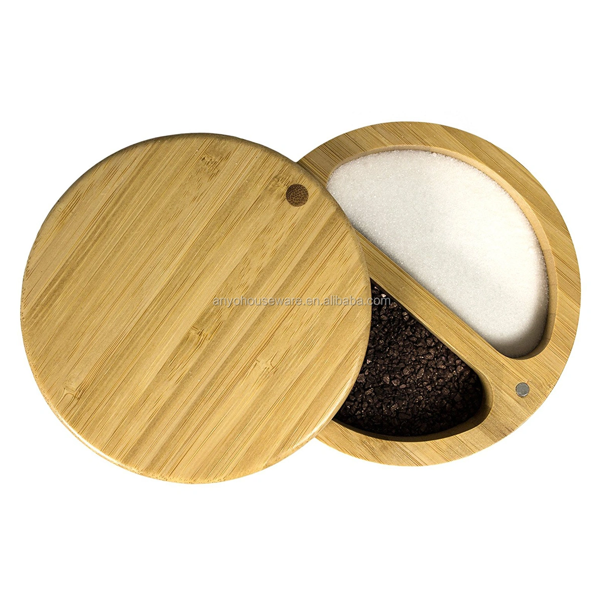 Home round double natural bamboo salt box with magnetic swivel lid