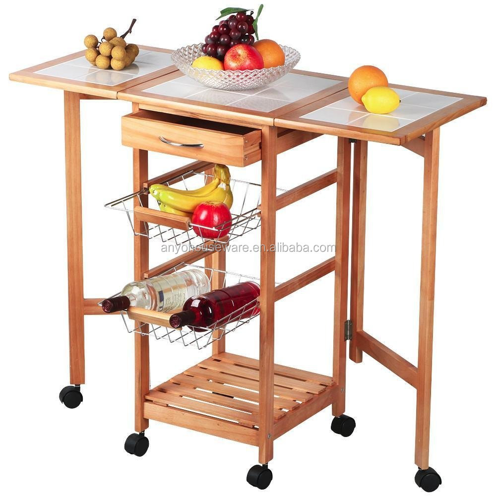 Foldable Wooden Kitchen Service Trolley Cart for Home Hotel Restaurant