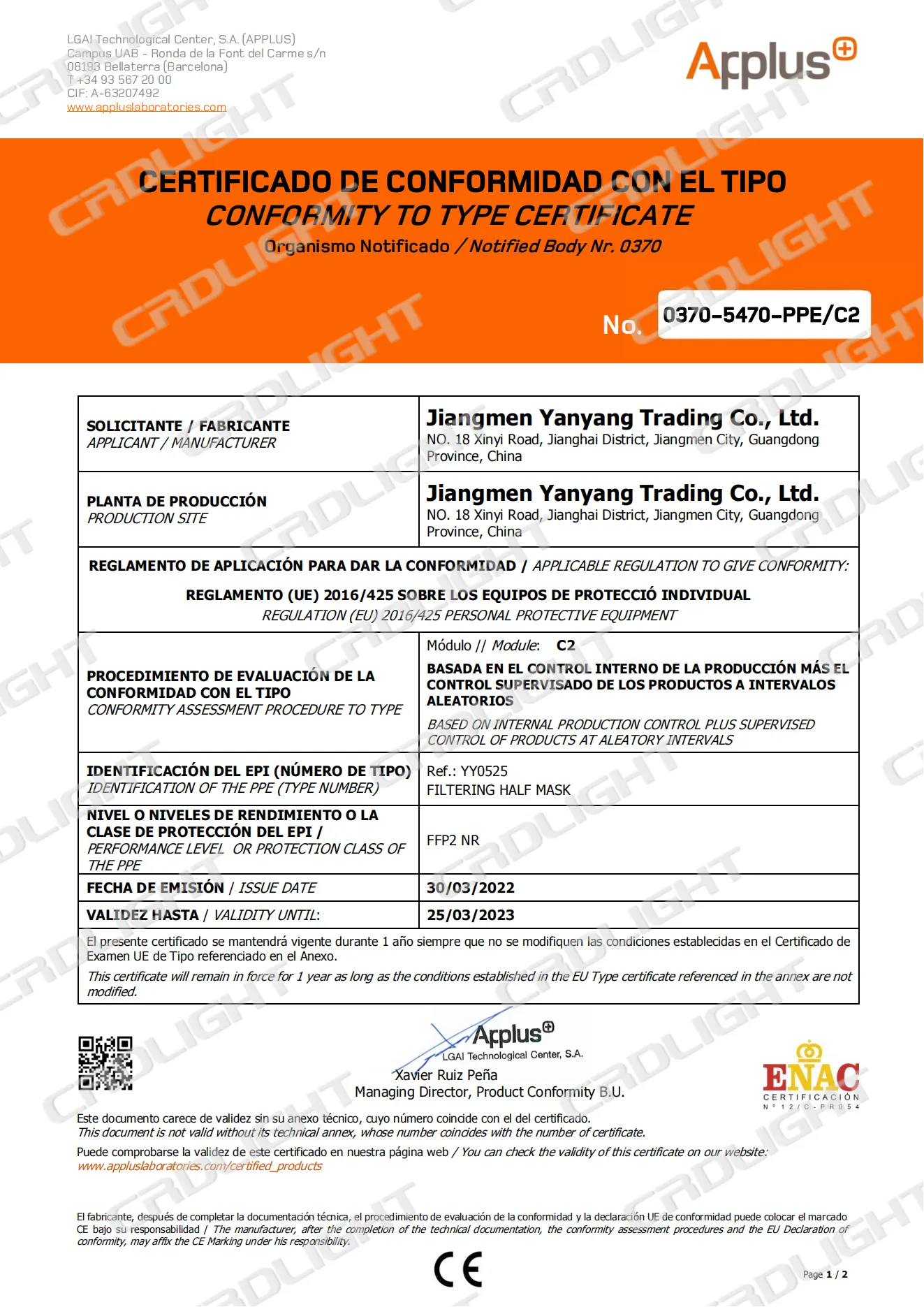 MASK CERTIFICATES: CRDLIGHT FFP2 Module C2