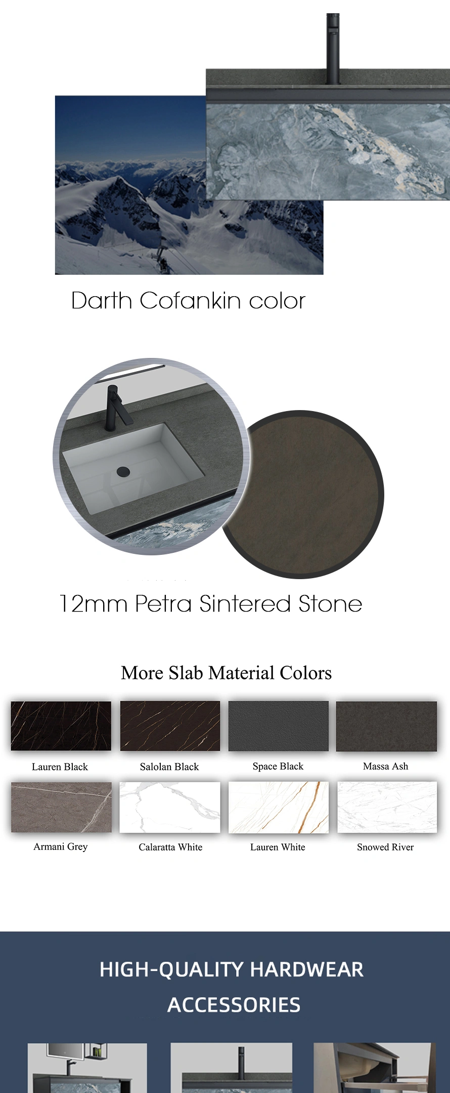 Hot sale 39 inch width sintered stone Countertop single basin bathroom vanities cabinet with LED mirror Luxury Vanity Double Sink Pandora Sintered Stone Freestanding bath vanities