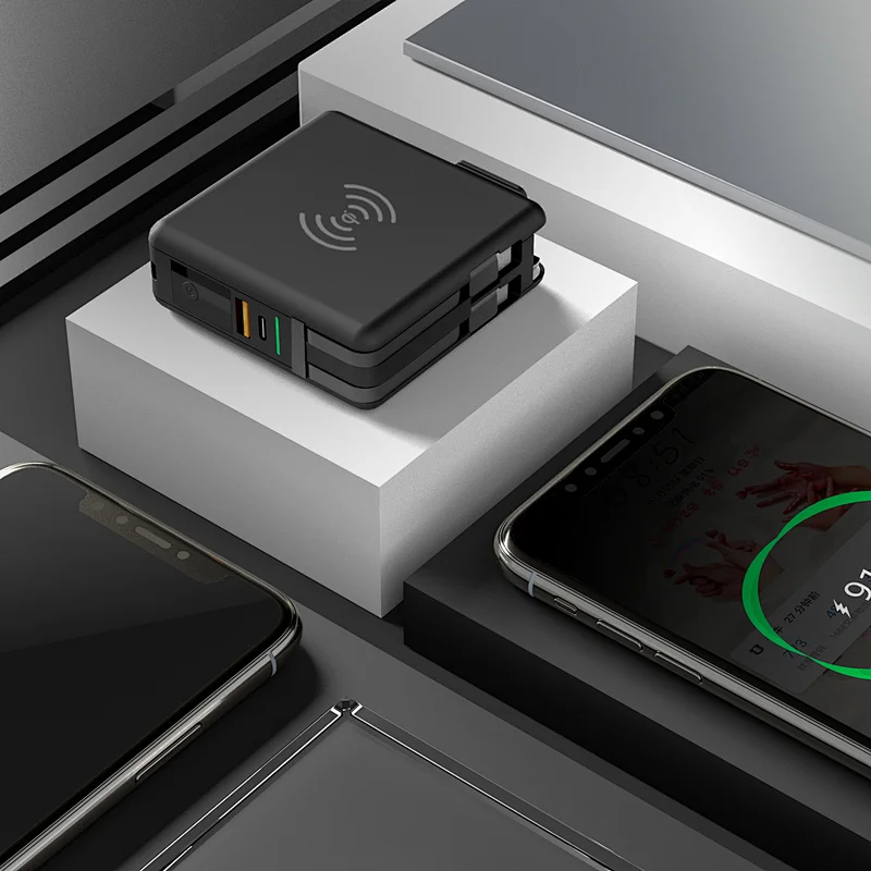 10000mAh 20W PD Power Bank+15W Wireless Charger+Worldwide Travel Charger+Integrated Cables