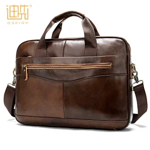 Customized new tide hardware shoulder strap durable coffee color cowhide leather laptop bag