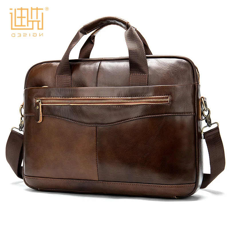 Customized new tide hardware shoulder strap durable coffee color cowhide leather laptop bag