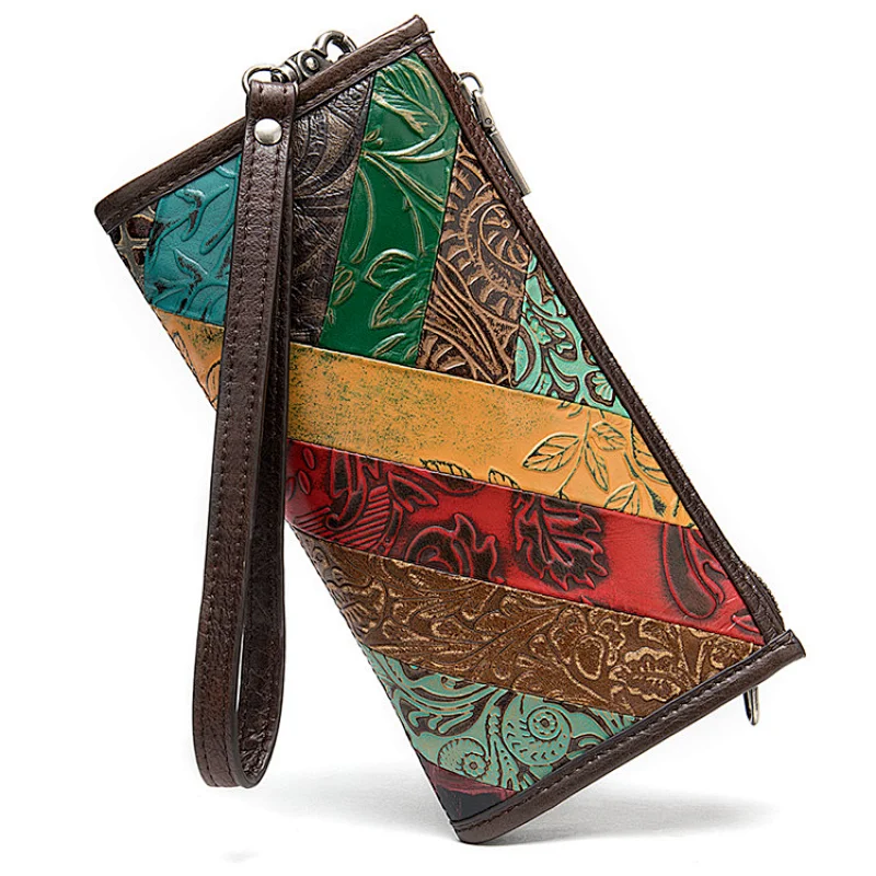New retro fashion multifunction office party bags women girls genuine cow leather shoulder wrist strap long purse
