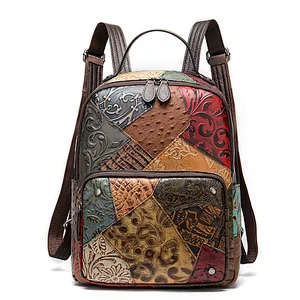 Custom logo womens fashion retro multi color leather splice backpack