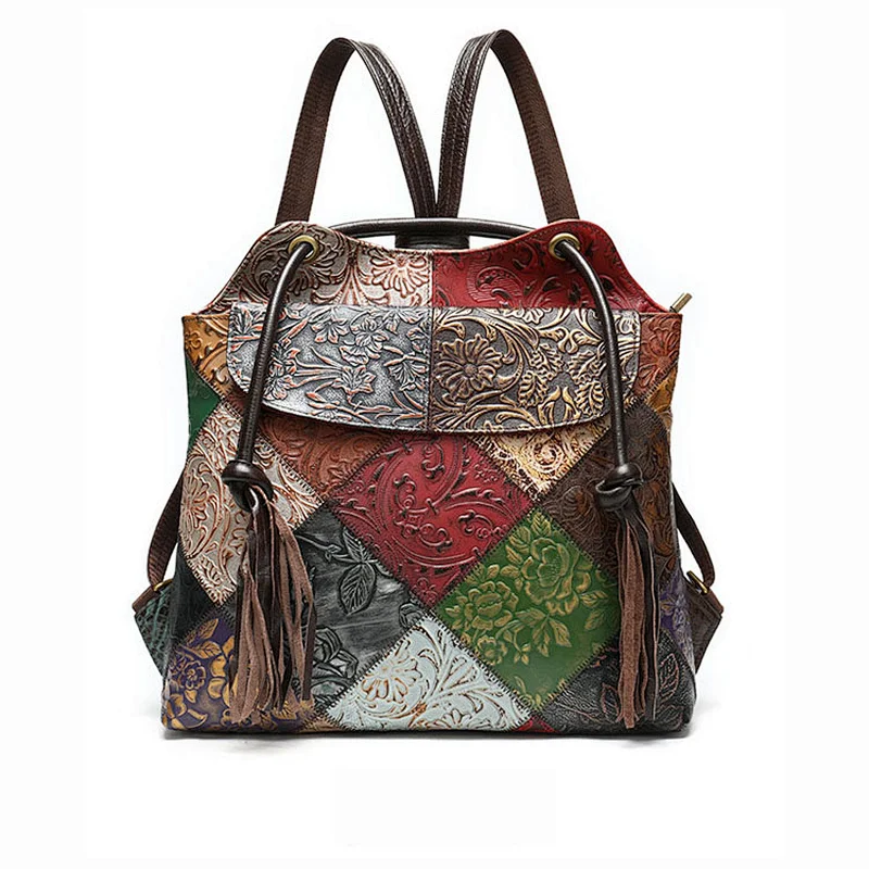 Western retro fashion ladies school bag genuine leather embossed tassel handbag multifunctional women backpack