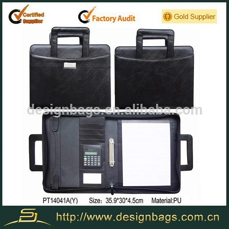 Custom leather portfolio with handle zipper ring binder and calculator