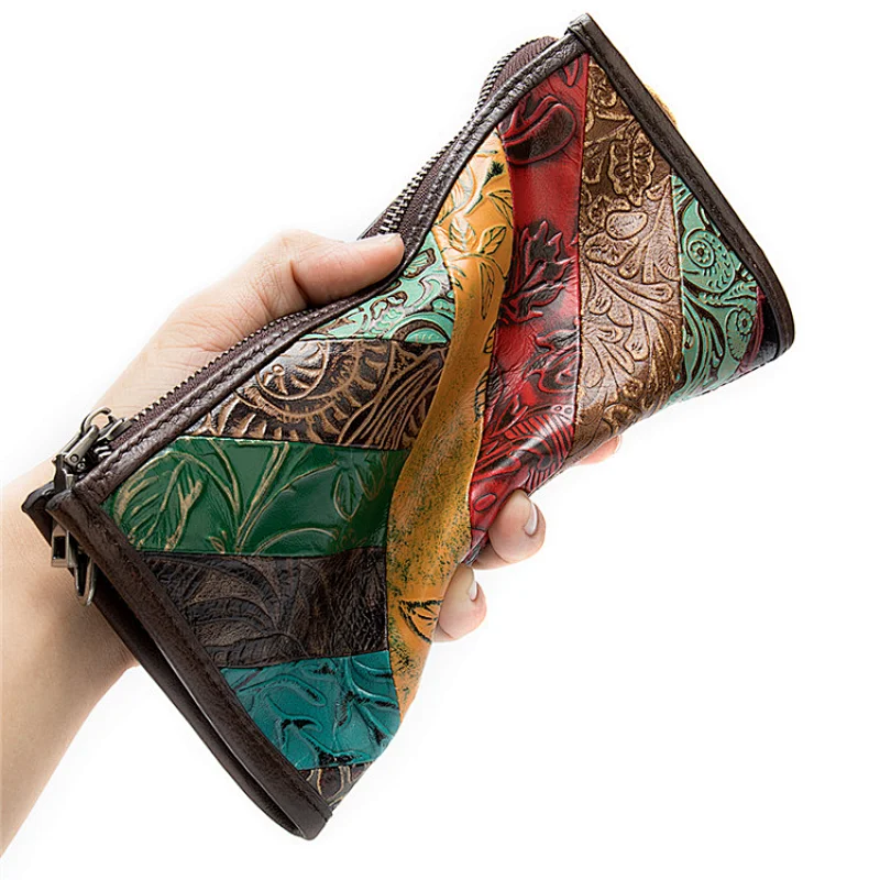 New retro fashion multifunction office party bags women girls genuine cow leather shoulder wrist strap long purse