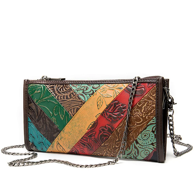 New retro fashion multifunction office party bags women girls genuine cow leather shoulder wrist strap long purse