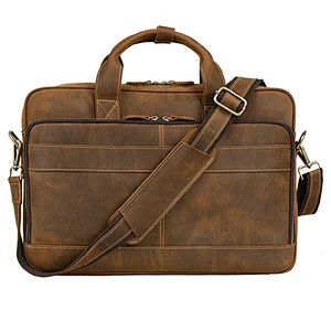 Custom natural retro brown crazy horse cow hide leather laptop briefcase