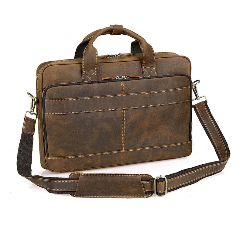 Custom natural retro brown crazy horse cow hide leather laptop briefcase