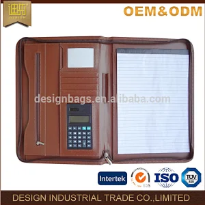 High quality zippered men's brown leather embossing document ring binder folder portfolio with calculator