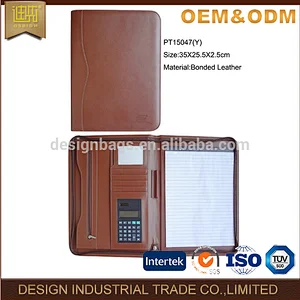 High quality zippered men's brown leather embossing document ring binder folder portfolio with calculator