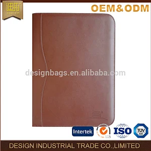 High quality zippered men's brown leather embossing document ring binder folder portfolio with calculator