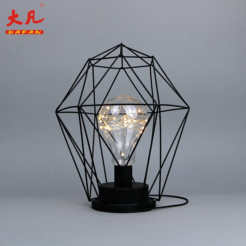 hot sale geometric figure antique iron cage pendant lamp with hanging rope decoration room table lantern lamp