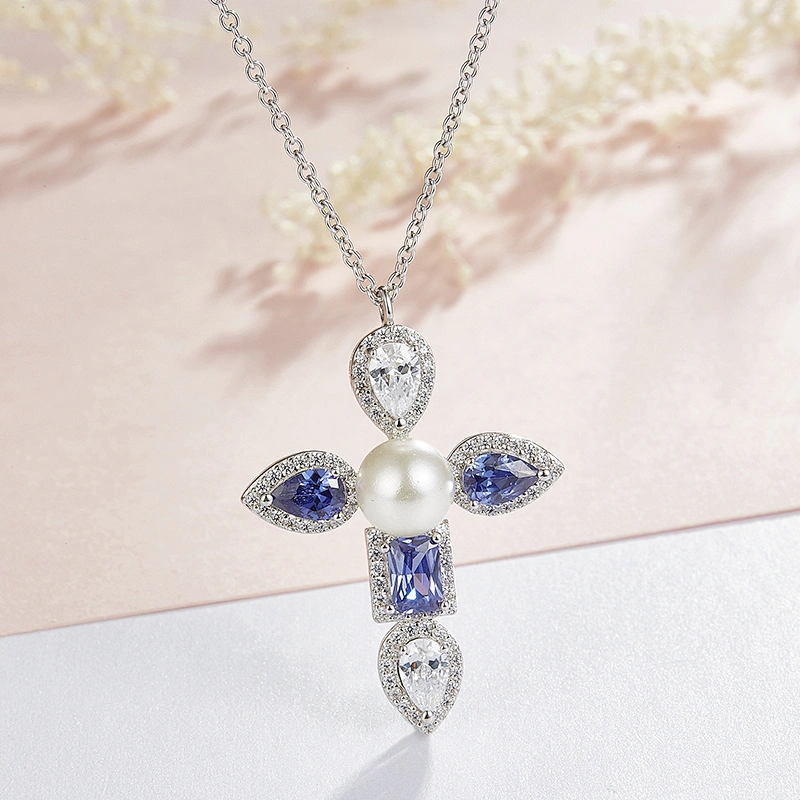 Cross Pendant Pearl + Mosaic Zircon Pendant large jewelry factory,OEM/ODM Jewelry Trade processing customized,Wholesale jewelry manufacturer