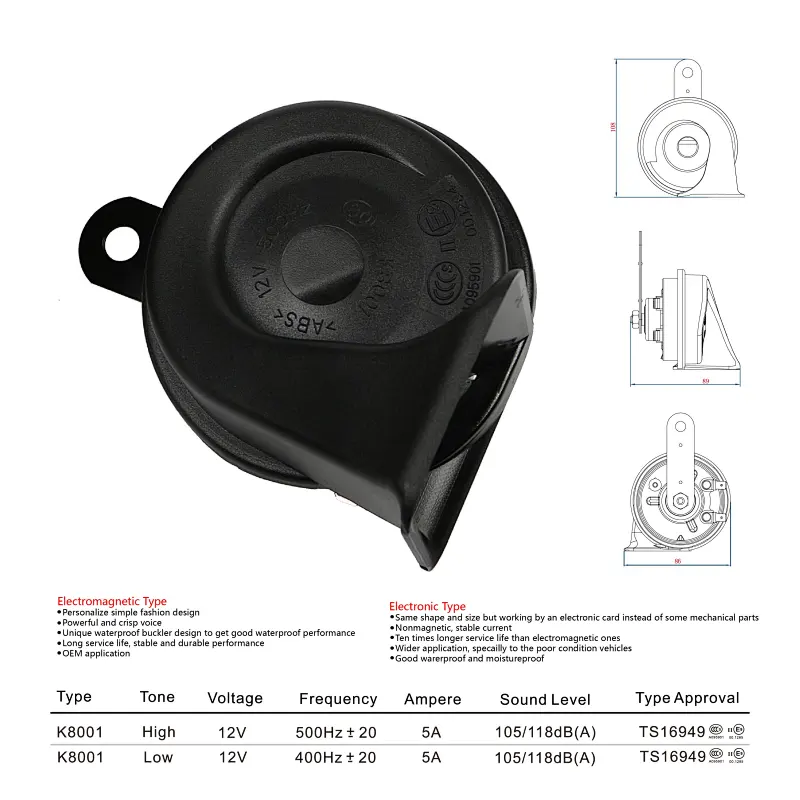 BOSOKO K8001 Universal Electric Car Snail Horn