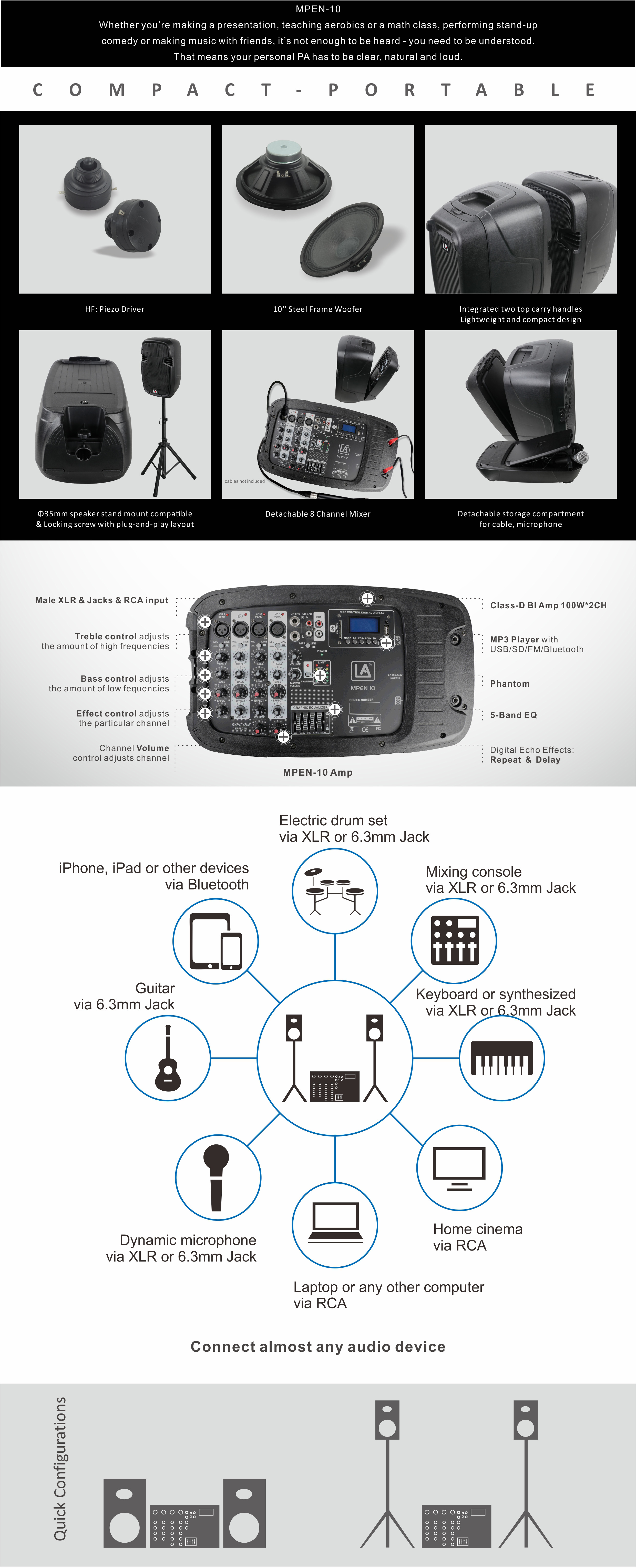 Dual 10 inch Speakers, Bluetooth Speakers, Portable Speakers, powered speaker, all in one portable pa system