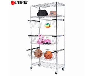 NSF 5 Tier Adjustable Chrome Steel Wire Cart Shelving with Slide Basket