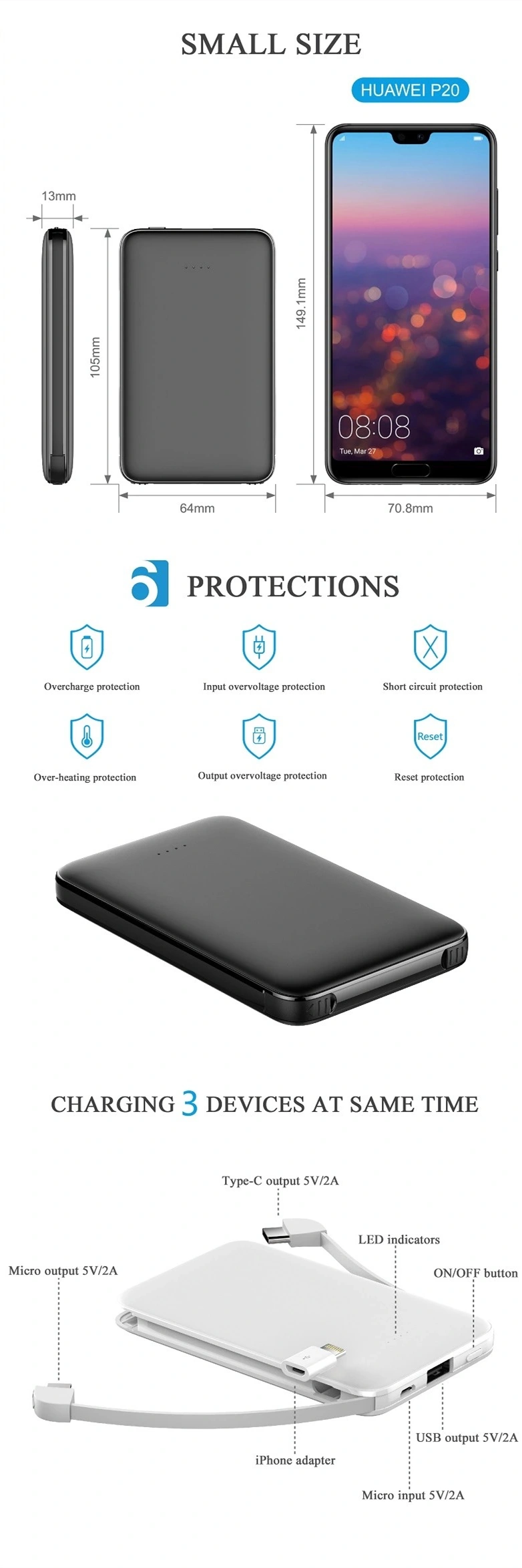 Powerbank con cable integrado ultradelgado
