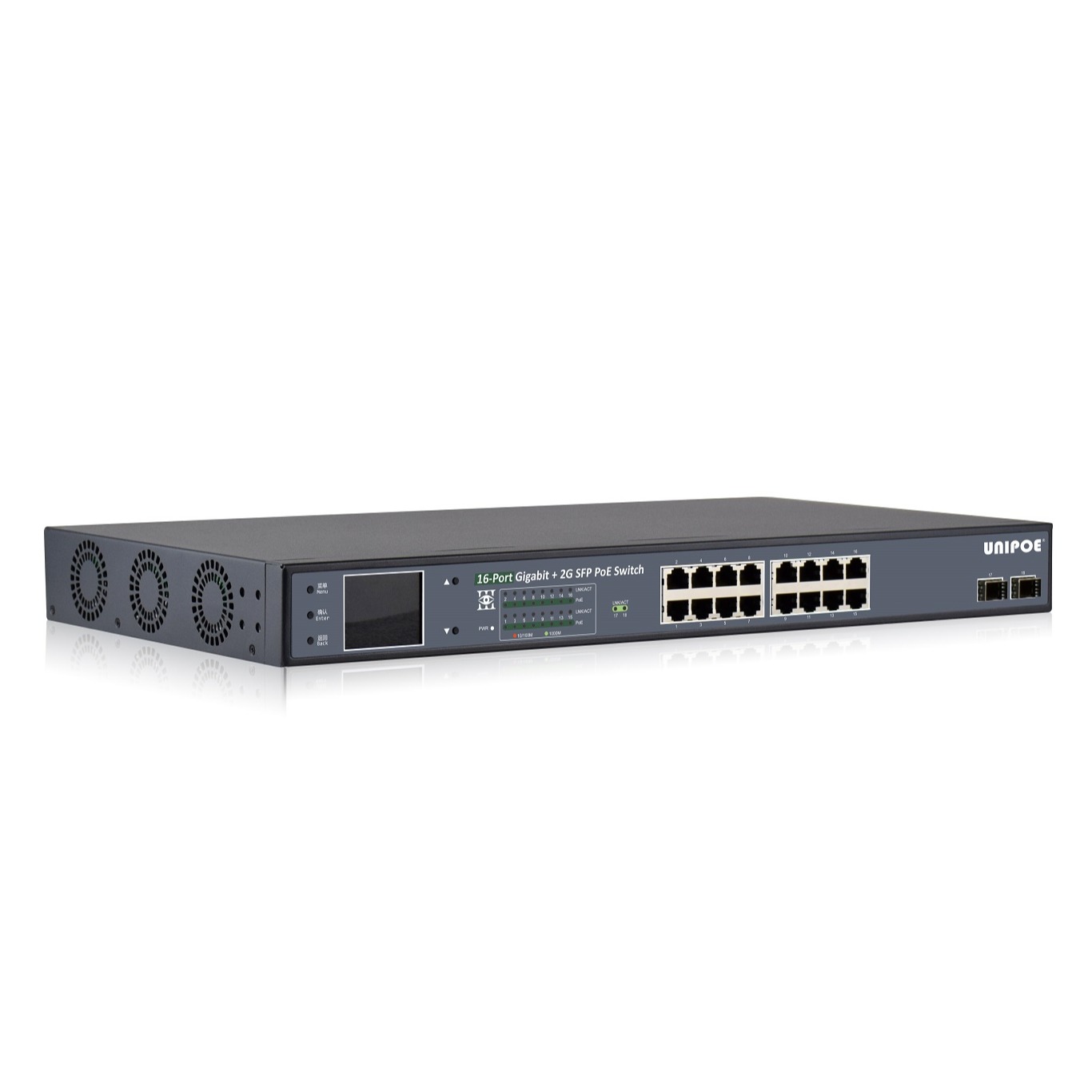 16-Port Gigabit+2G SFP PoE Switch With V3 LCD Display