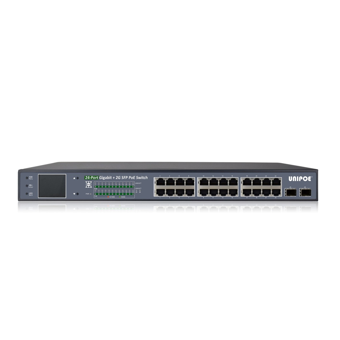 24-Port Gigabit+2G SFP PoE Switch With V3 LCD Display