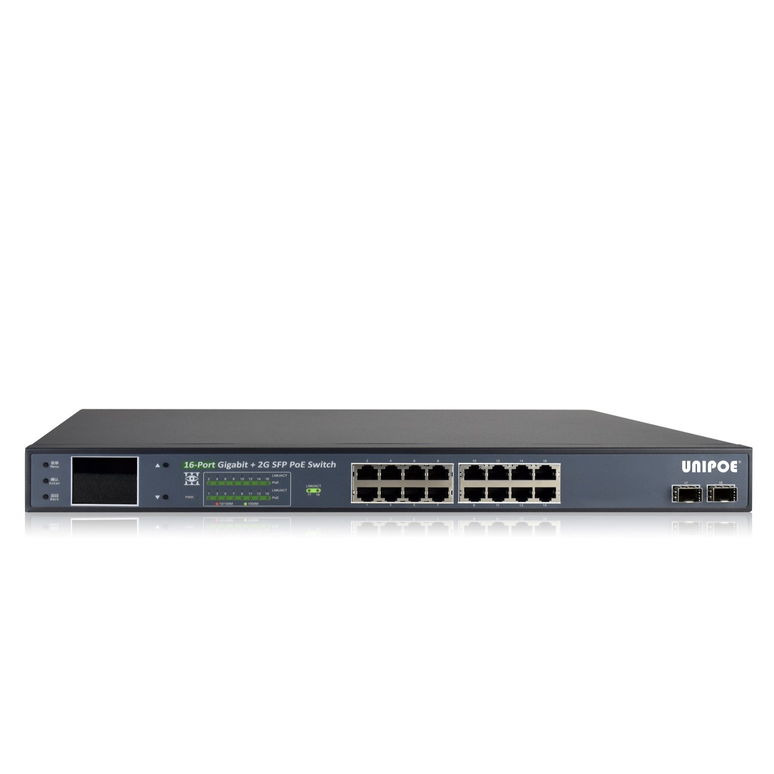 16-Port Gigabit+2G SFP PoE Switch With V3 LCD Display