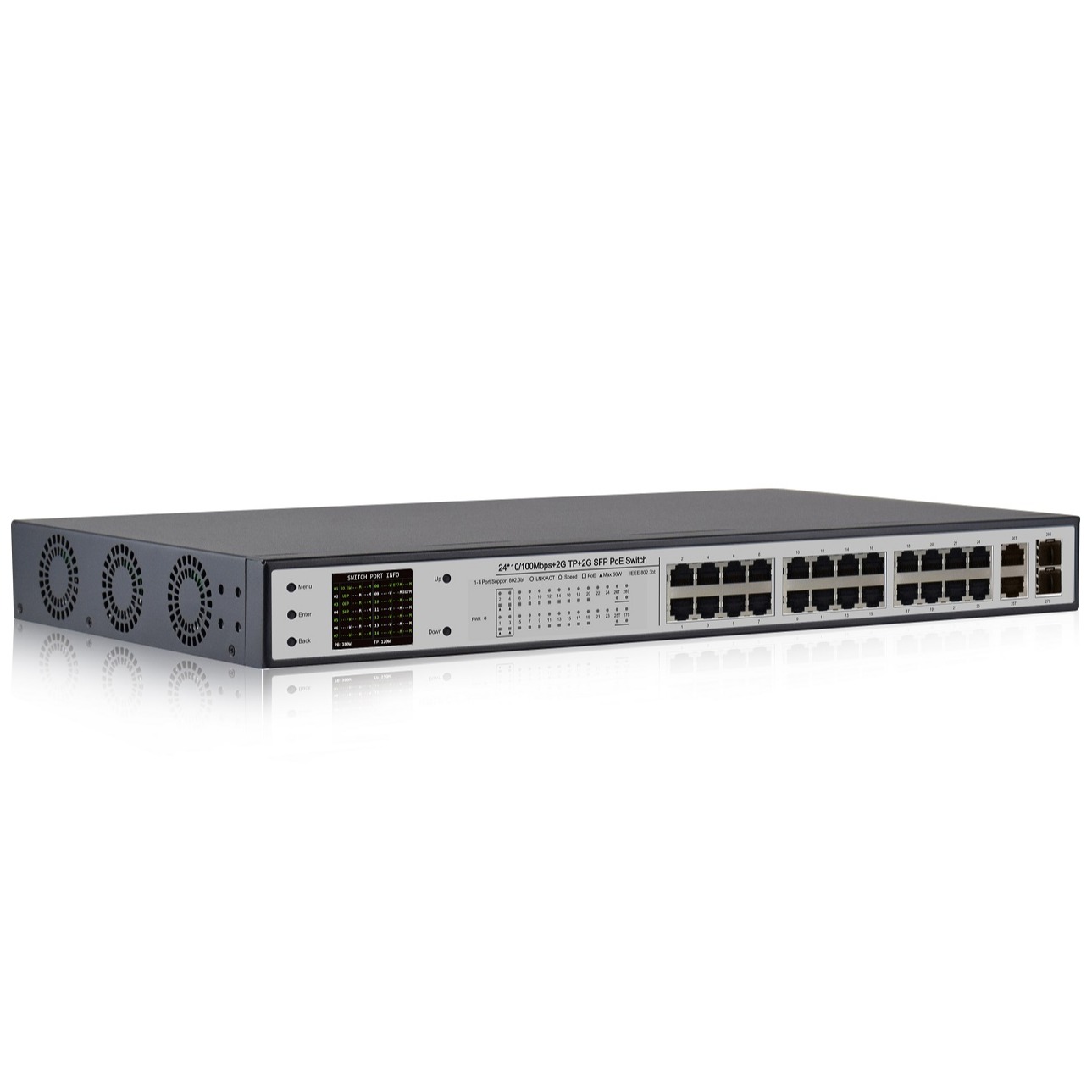 24*10/100Mbps+2GE+2G SFP Gigabit Uplink PoE Switch With V3 LCD Display (20-Port PoE, 1-4 Port:60W, 5-20 Port:32W Support 802.3bt/af/at Standard）