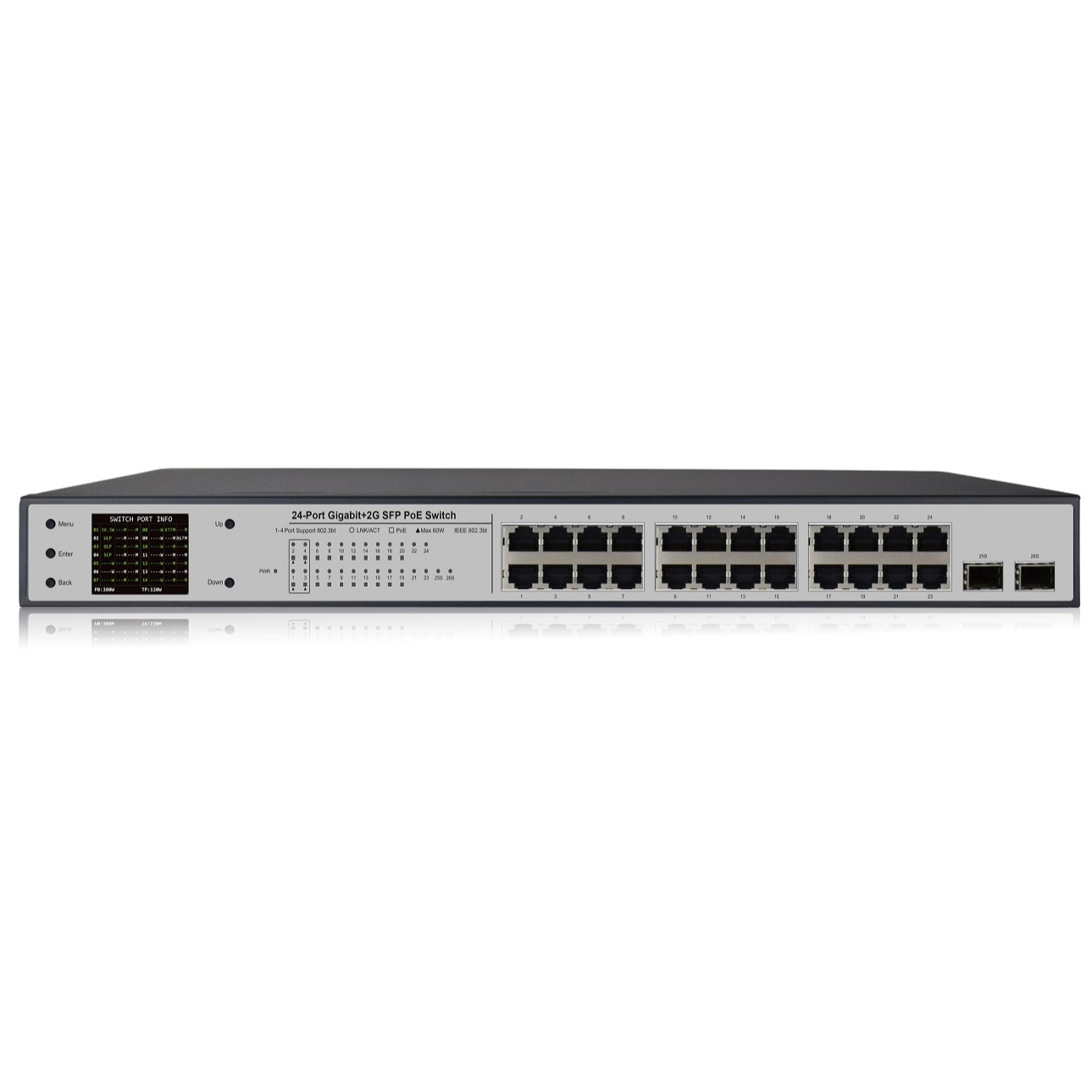 24-Port Gigabit+2G SFP PoE Switch With V3 LCD Display(20-Port PoE, 1~4 Port : 60W, 5~20 Port: 32W Support 802.3bt/af/at Standard）