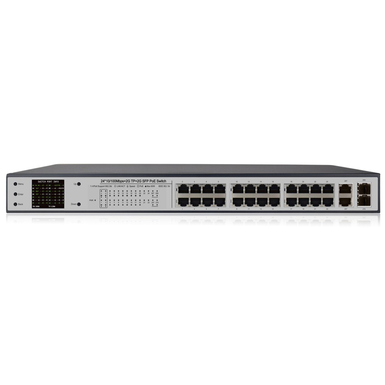 24*10/100Mbps+2GE+2G SFP Gigabit Uplink PoE Switch With V3 LCD Display (20-Port PoE, 1-4 Port:60W, 5-20 Port:32W Support 802.3bt/af/at Standard）