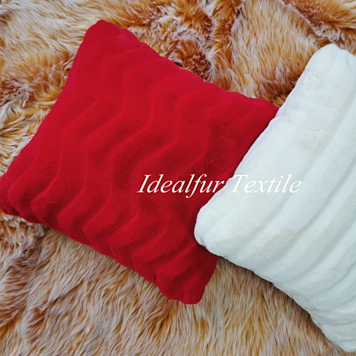Luxurious Red Embossed Wavy Rabbit Fake Fur Pillow for Sofa