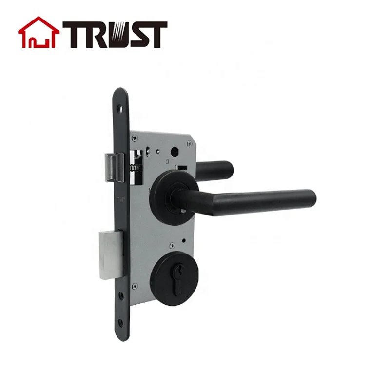 TRUST TH003-BL-7255-A65KT Black Finish Door Lever Handle Lockset With Mortise Lock 7255 and Key-Turn Cylinder