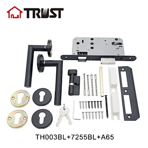 TRUST TH003-BL-7255-A65KT Black Finish Door Lever Handle Lockset With Mortise Lock 7255 and Key-Turn Cylinder