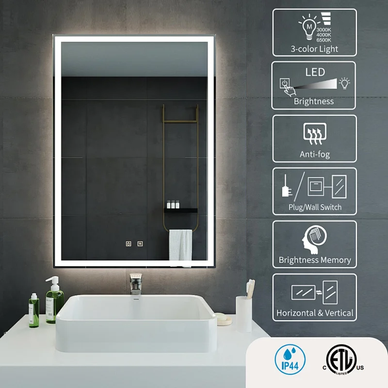 Custom Size Rectangle Dimmable LED Vanity Mirror 3-step CCT Changing Reflections Elegance Led Lighted Mirror HC2016