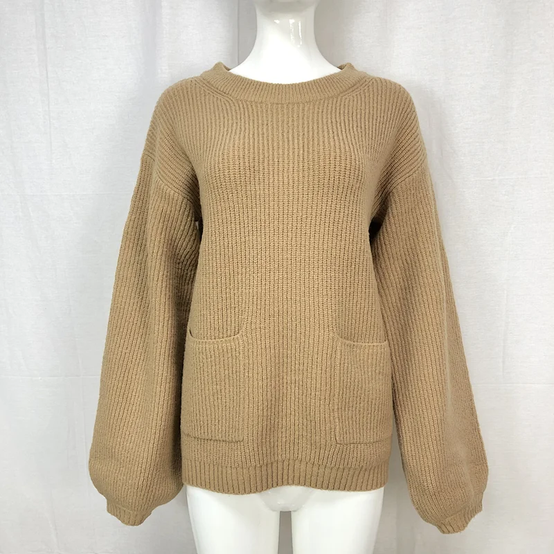 70%Acrylic 23% nylon 7% spandex knitwear pocket solid color thick women ladies sweater