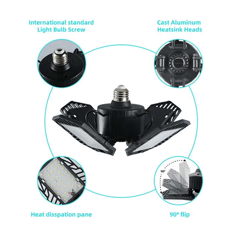 LED Garage Light Foldable Deformable100W Super Bright Led Garage Ceiling Light Adjustable With 4 Panel