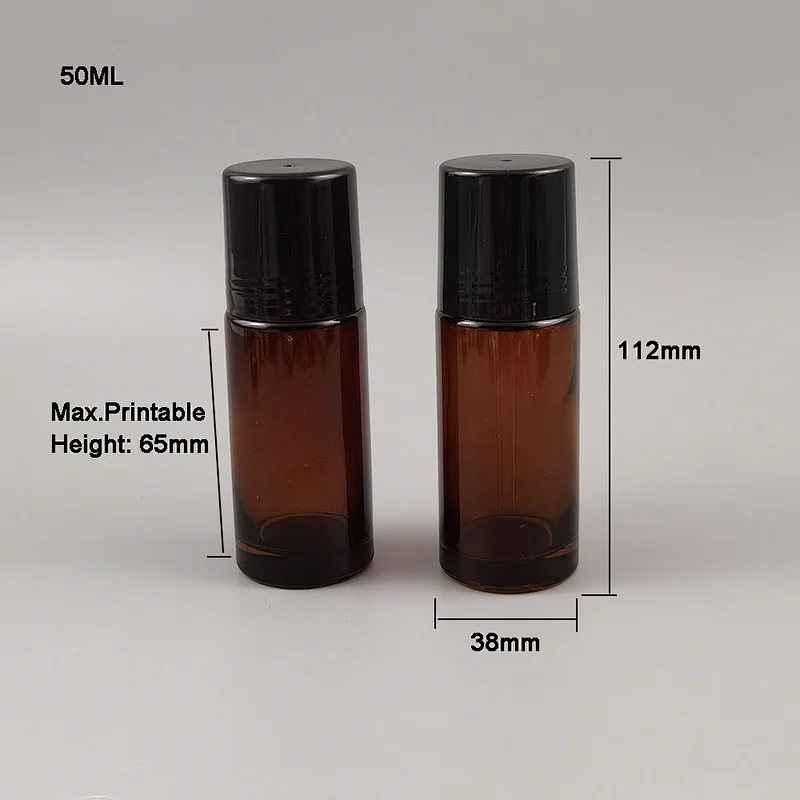 hot sell 50ml amber browm glass roller bottle roll-on fragrance essential oil vial stainless steel black cap perfume
