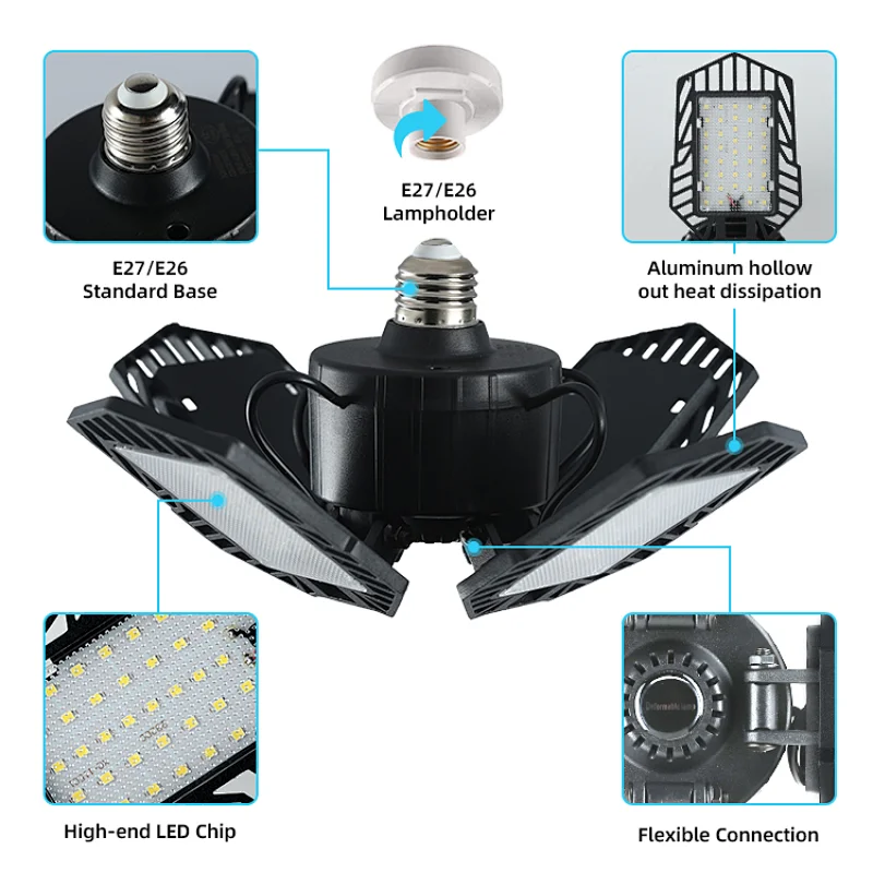 LED Garage Light Foldable Deformable100W Super Bright Led Garage Ceiling Light Adjustable With 4 Panel