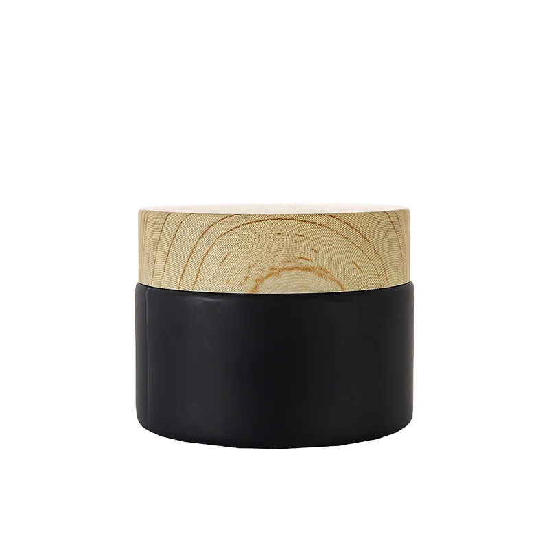 5g10g15g20g 30g 50g Black frosted cosmetic glass jar with wood  black  cream personal care  bamboo plasti cwood cover