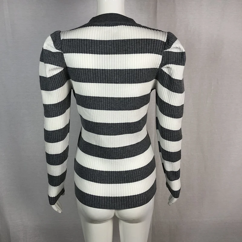 68%viscose 32%nylon striped round neck thin basic ladies sweater with buttons